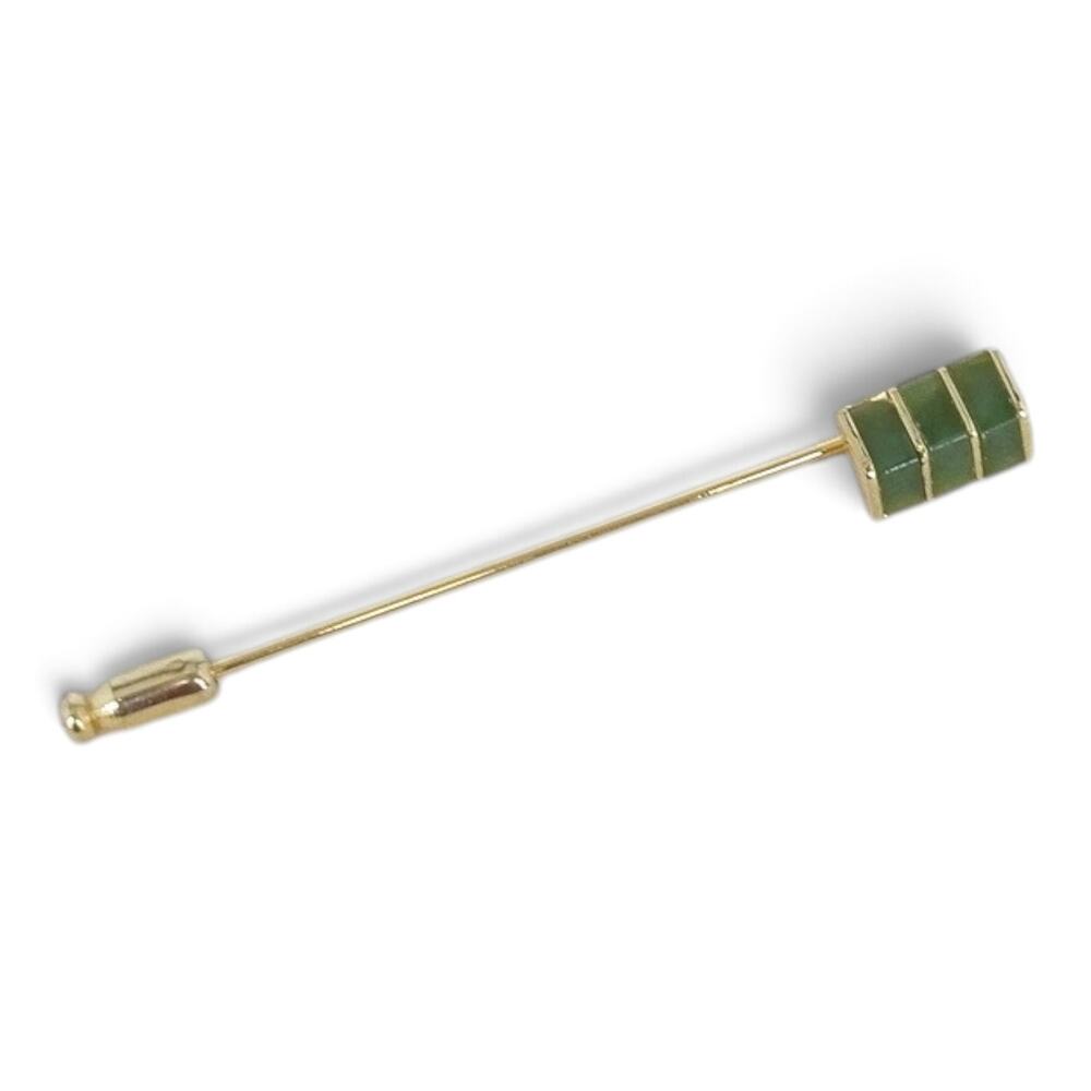 Vintage Gold Tone Stick Pin Green Jade Stone Inlay Lapel Hat Pin Statement